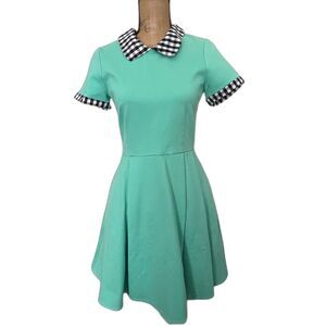 Smak Parlour Mint Green Fit & Flare Dress Gingham Collar Ponte Knit Size Medium